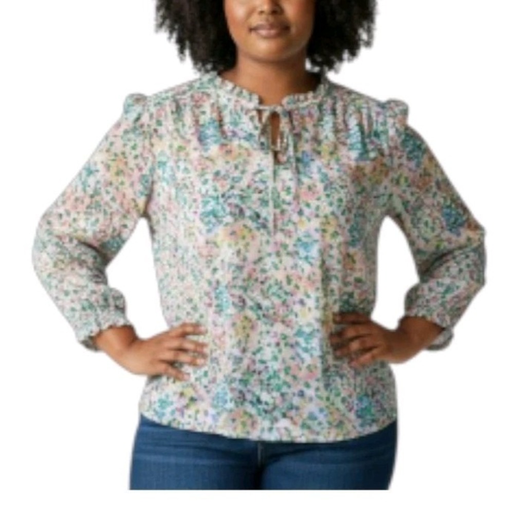 Carolina Belle Women 2X Floral Ruffle Neck Blouse Pink Blue Smocked Cuff NWT